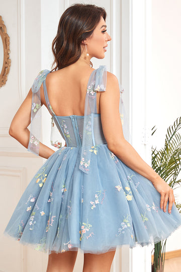 A Line Spaghetti Straps Grey Blue Short Cocktail Dress with Embroidery